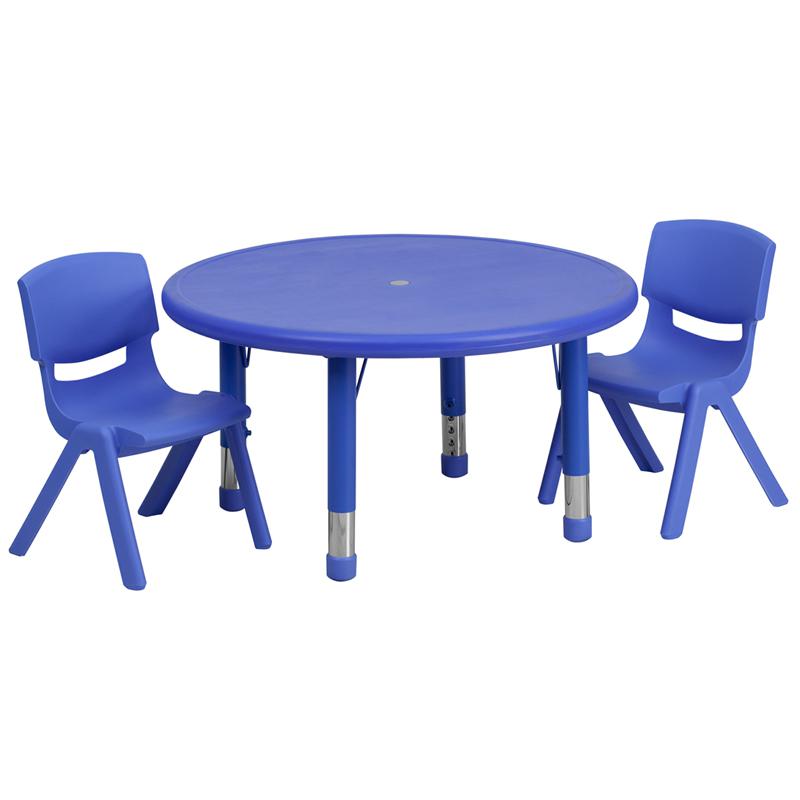 Image of 33'' Round Blue Plastic Height Adjustable Activity Table Set With 2 Chairs