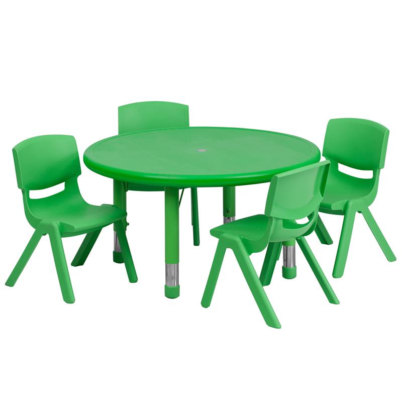 Image of 33'' Round Green Plastic Height Adjustable Activity Table Set With 4 Chairs