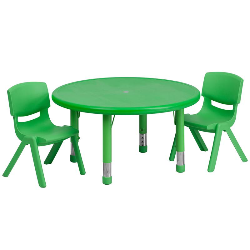 Image of 33'' Round Green Plastic Height Adjustable Activity Table Set With 2 Chairs