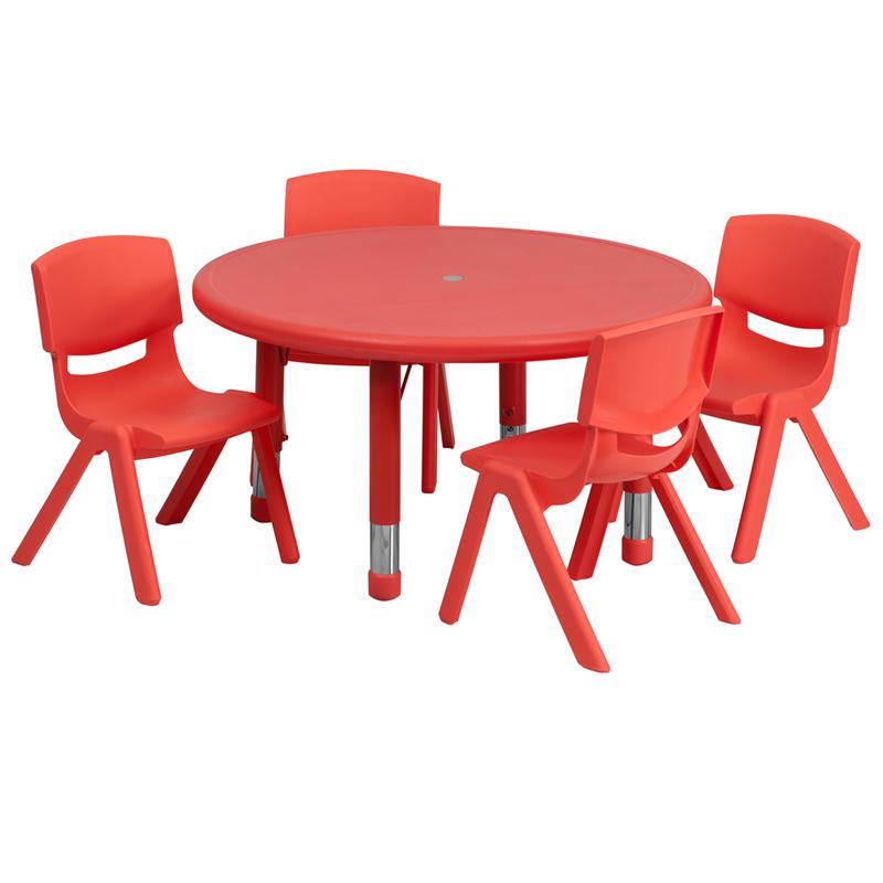 Image of 33'' Round Red Plastic Height Adjustable Activity Table Set With 4 Chairs