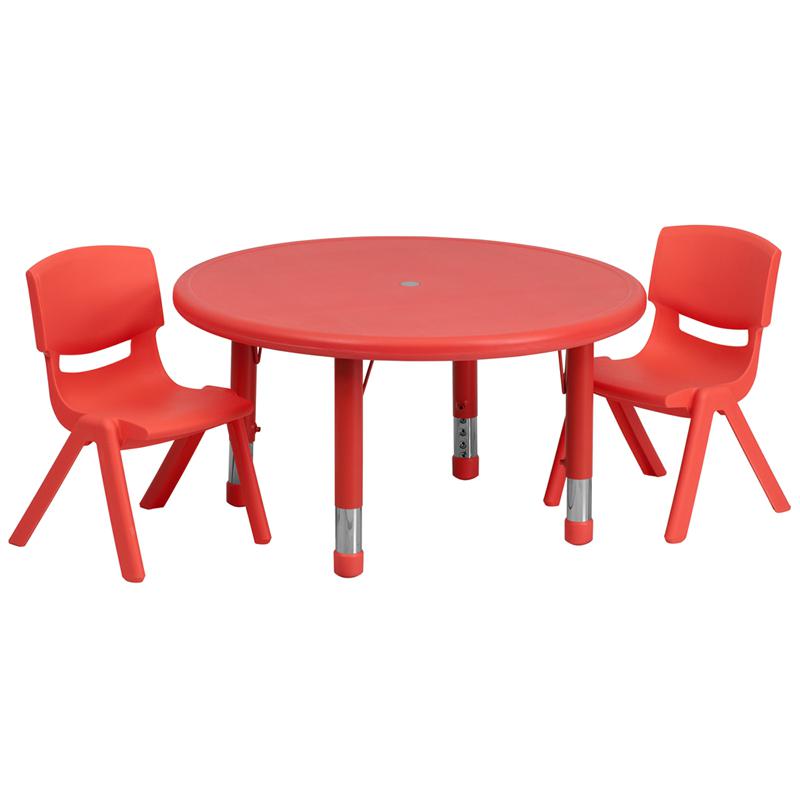 Image of 33'' Round Red Plastic Height Adjustable Activity Table Set With 2 Chairs