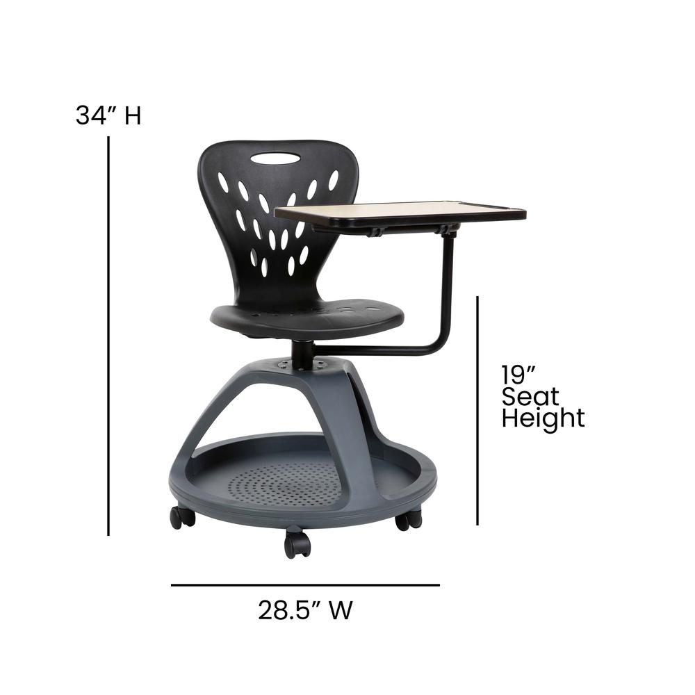 Black Mobile Desk Chair with 360-Degree Tablet Rotation and Under-Seat Storage Cubby