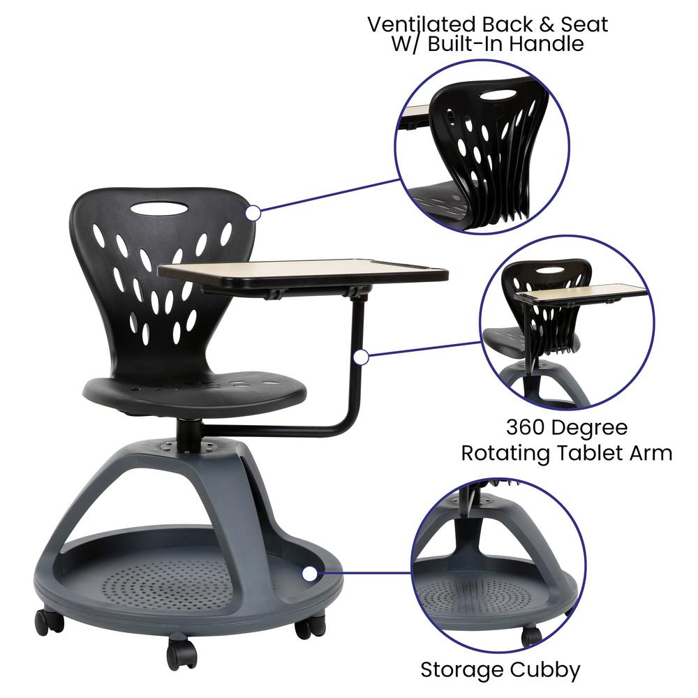 Black Mobile Desk Chair with 360-Degree Tablet Rotation and Under-Seat Storage Cubby