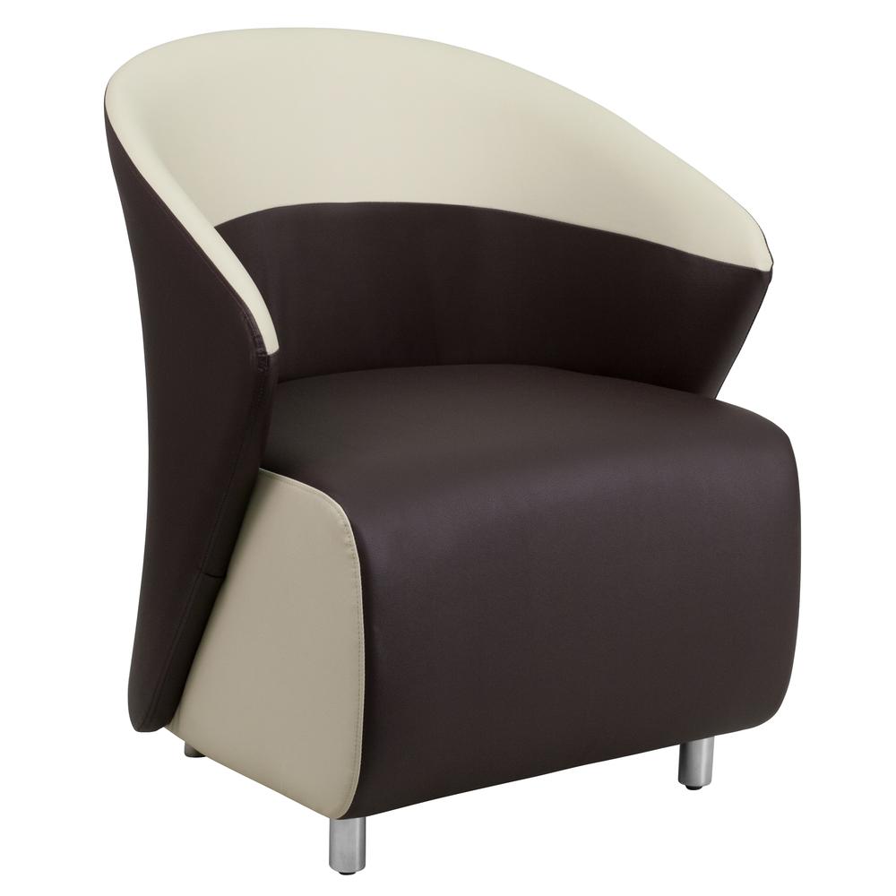 Dark Brown LeatherSoft Lounge Chair with Curved Barrel Back and Beige Detailing