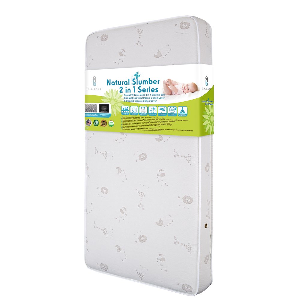 This is the image of 2-in-1 Dual Sided Crib and Toddler Mattress with Breathe-Safe Fabric and 100% Organic Cotton Top Layer on Waterproof Covers