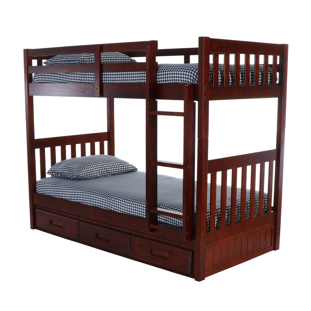 Image of Solid Pine Mission Twin Over Twin Bunk Bed With Three Drawers