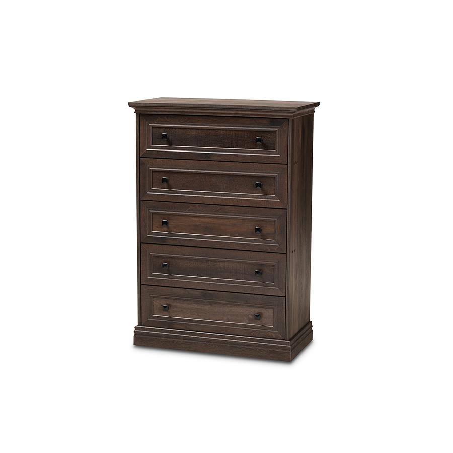 Image of Nolan Traditional Transitional Hazel Walnut Brown Finished 5-Drawer Wood Chest