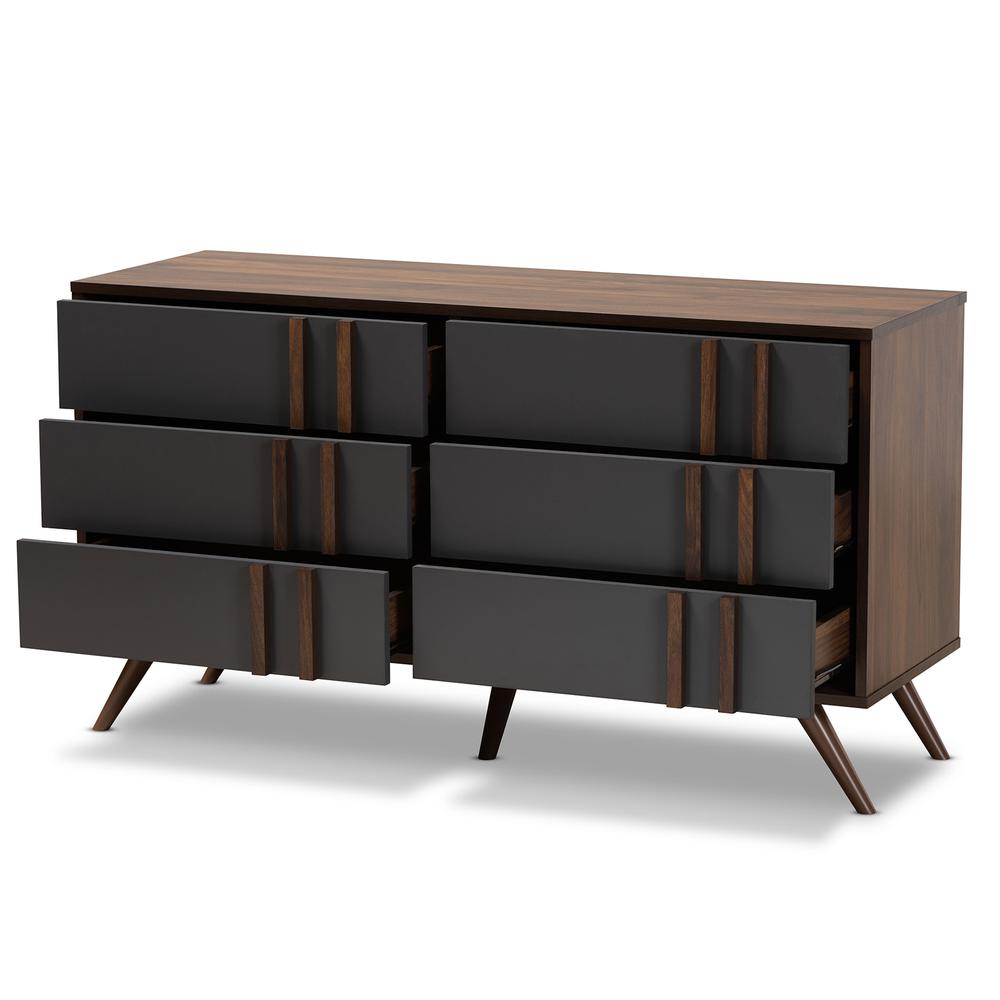 Naoki Modern And Contemporary Two-Tone Grey And Walnut Finished Wood 6-Drawer Bedroom Dresser