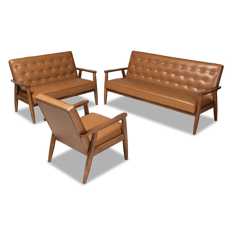 Image of Sorrento Mid-Century Modern Tan Faux Leather Upholstered And Walnut Brown Finished Wood 3-Piece Living Room Set