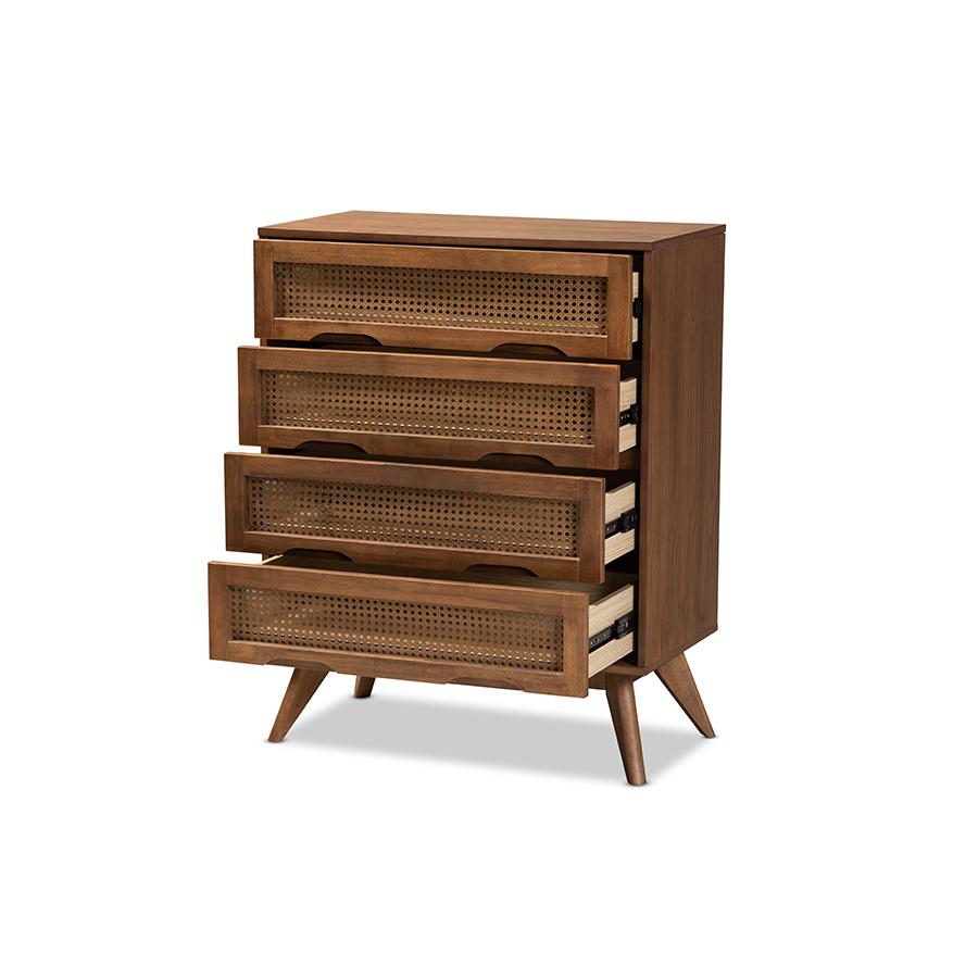 Baxton Studio Barrett Mid-Century Modern Walnut Brown Finished Wood And Synthetic Rattan 4-Drawer Chest