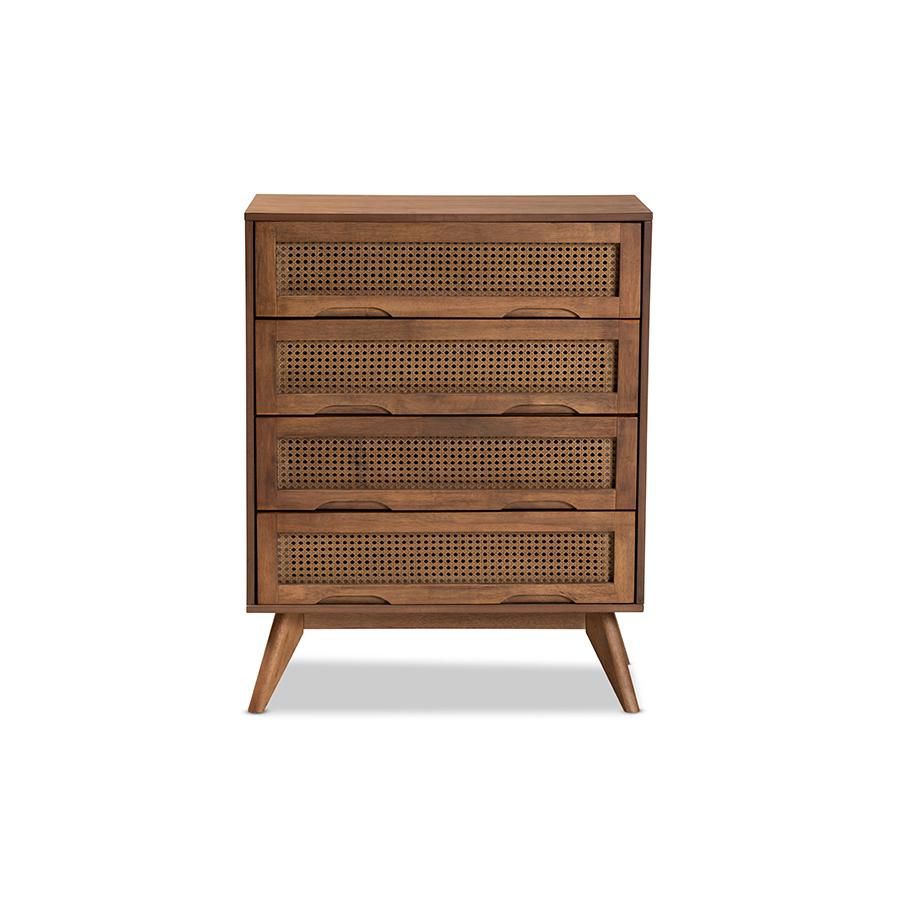 Baxton Studio Barrett Mid-Century Modern Walnut Brown Finished Wood And Synthetic Rattan 4-Drawer Chest