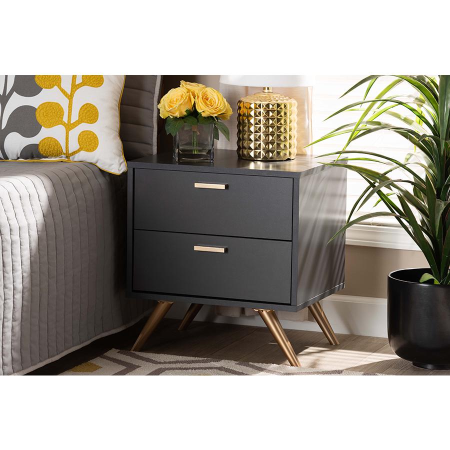 Image of Baxton Studio Kelson Modern And Contemporary Dark Grey And Gold Finished Wood 2-Drawer Nightstand