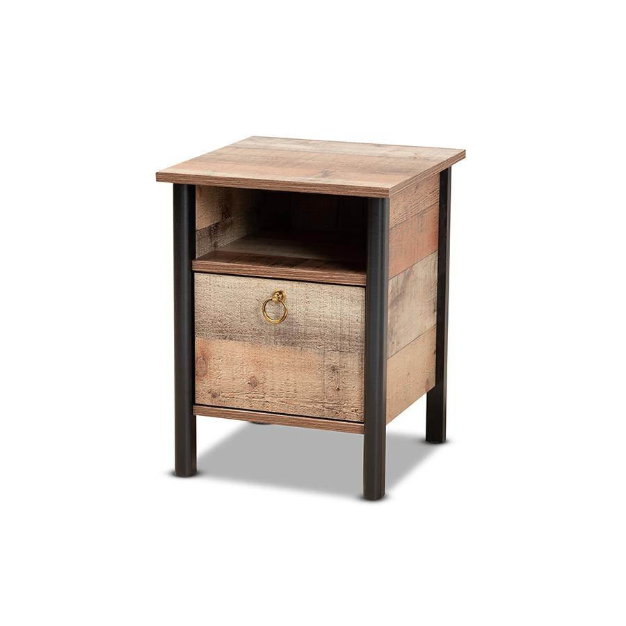 Image of Baxton Studio Vaughan Modern And Contemporary Two-Tone Rustic Oak Brown And Black Finished Wood Nightstand