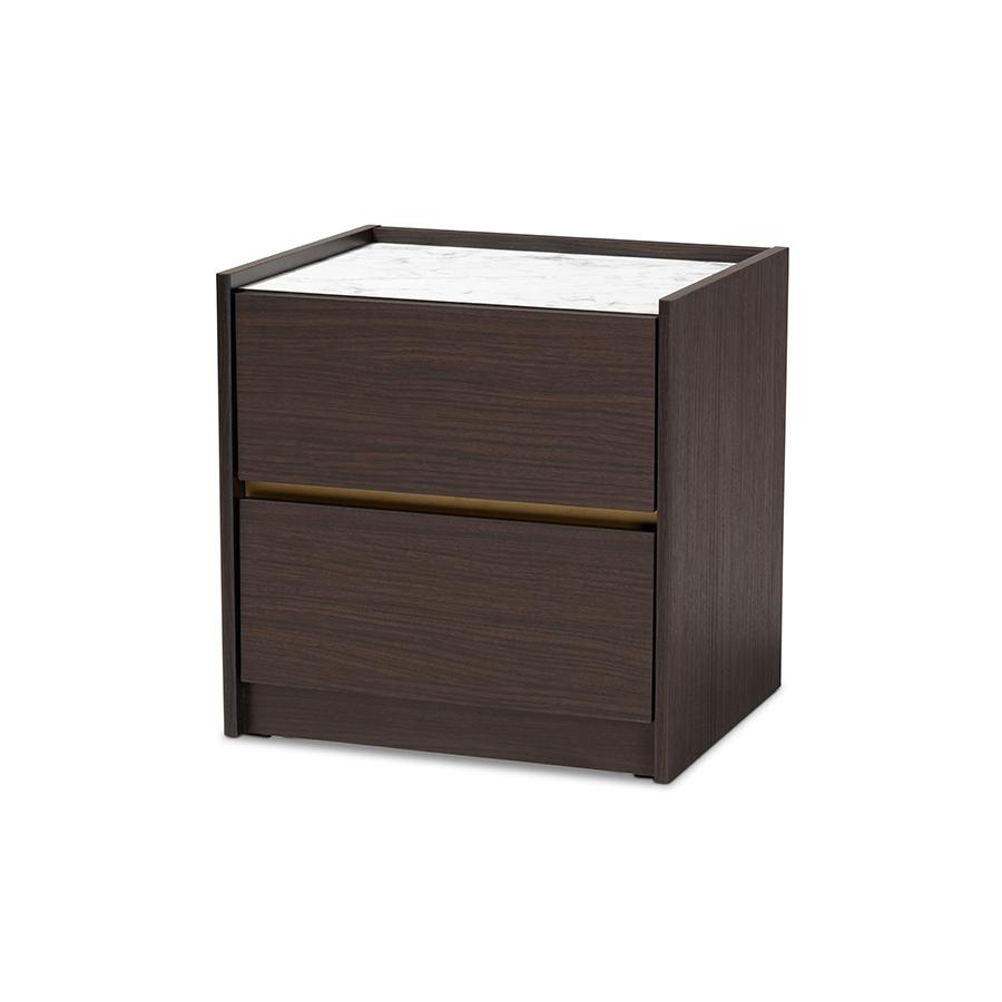 Baxton Studio Walker Modern And Contemporary Dark Brown And Gold Finished Wood Nightstand With Faux Marble Top