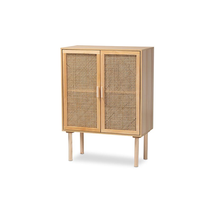 Image of Baxton Studio Maclean Mid-Century Modern Rattan And Natural Brown Finished Wood 2-Door Storage Cabinet