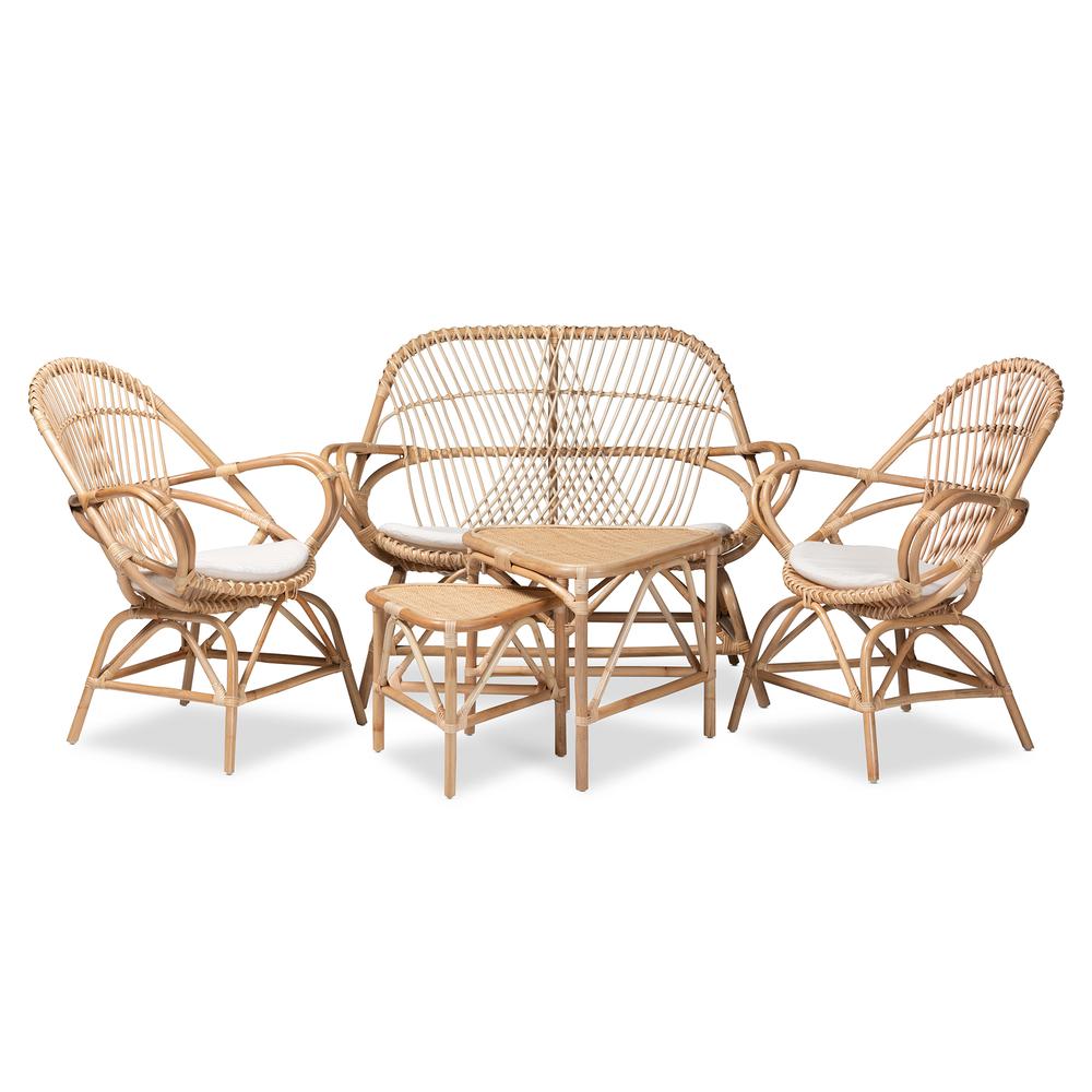 Image of Baxton Studio Jayden Modern Bohemian White Fabric Upholstered And Natural Brown Finished Rattan 5-Piece Living Room Set