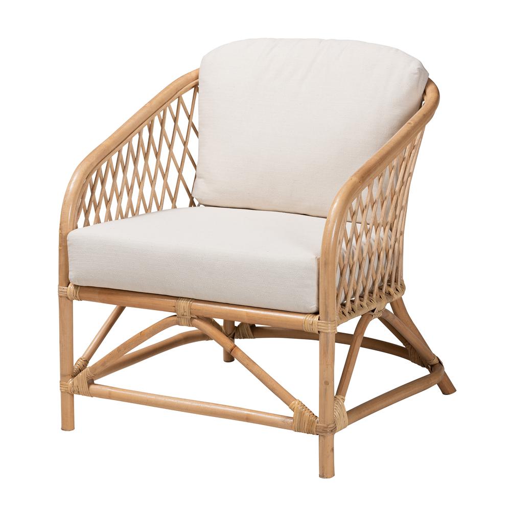 Image of Baxton Studio Patsy Modern Bohemian White Fabric And Natural Brown Rattan Armchair