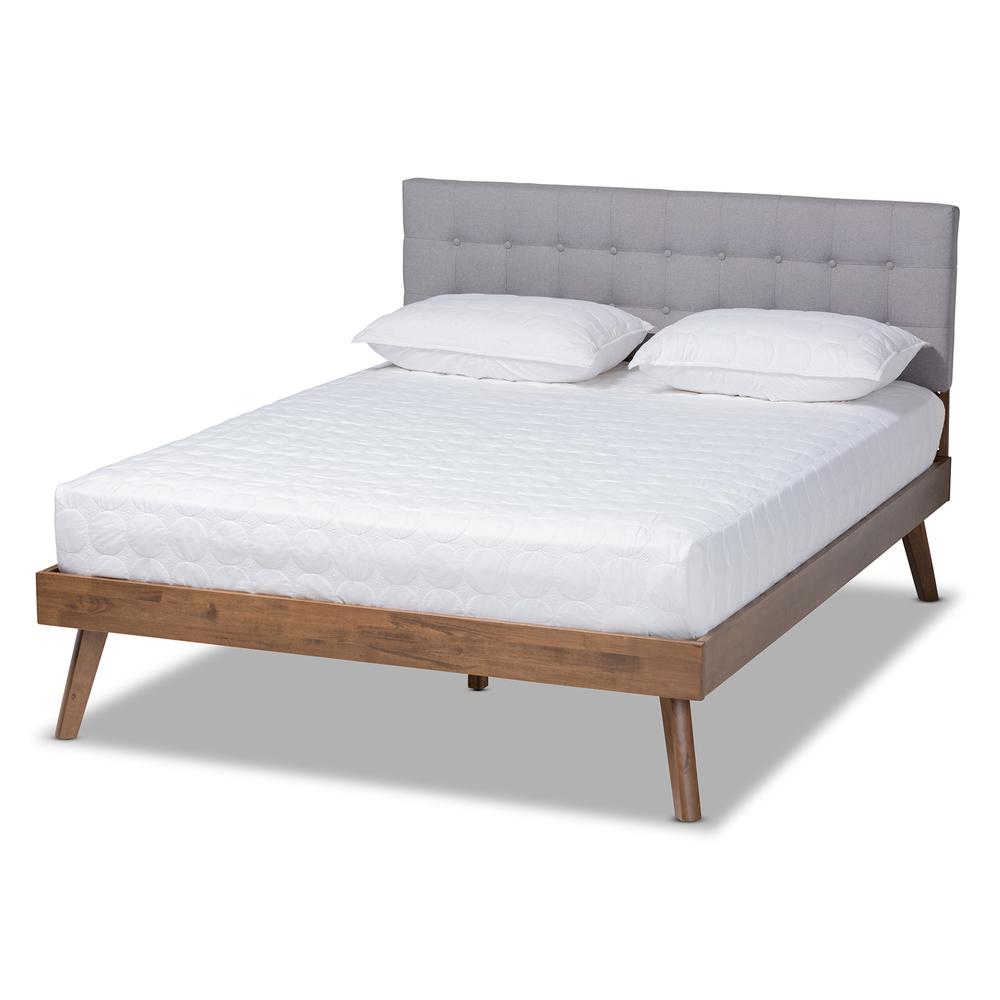 Image of Baxton Studio Devan Midcentury Modern Light Grey Fabric Upholstered Walnut Brown Finished Wood Full Size Platform Bed