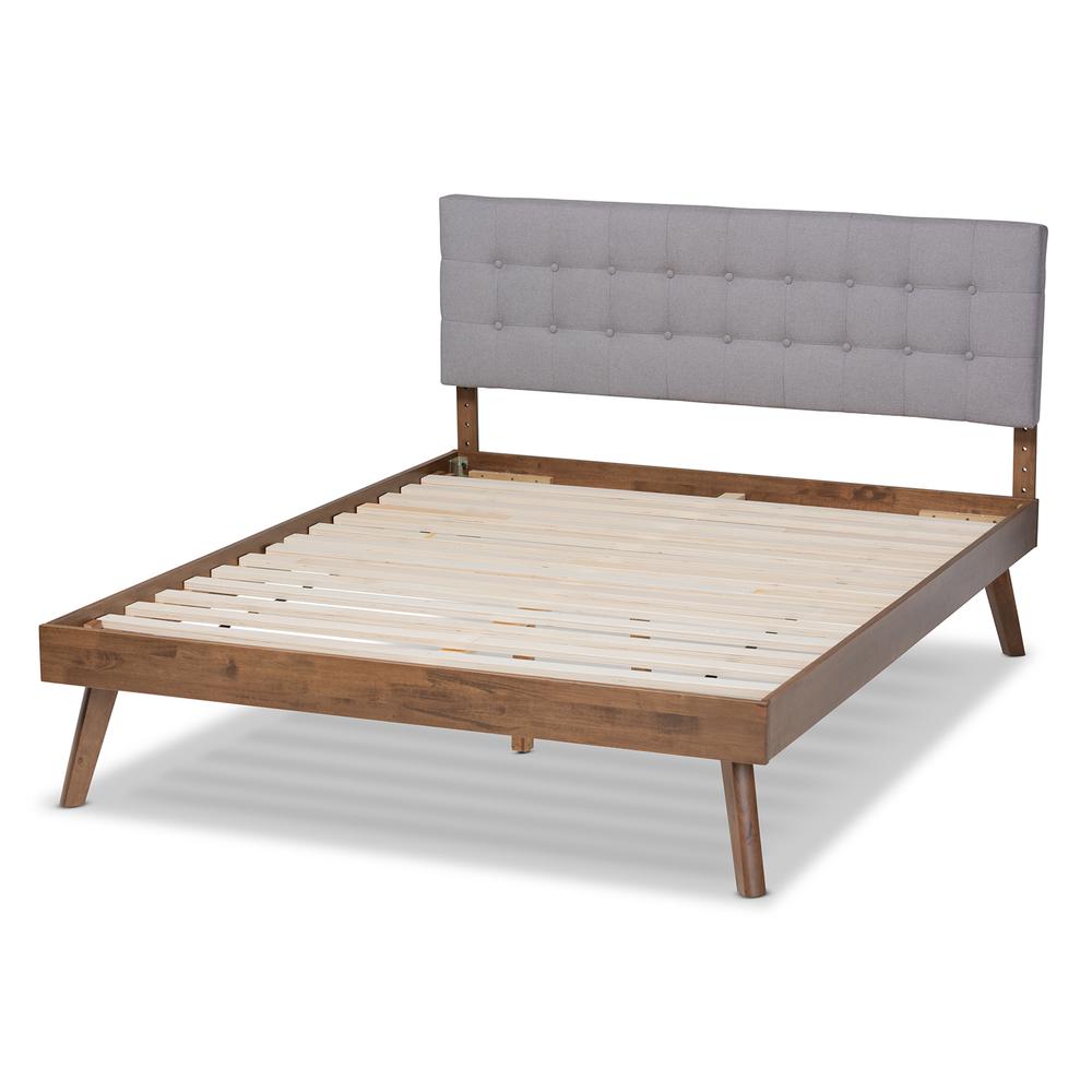 Baxton Studio Devan Midcentury Modern Light Grey Fabric Upholstered Walnut Brown Finished Wood Full Size Platform Bed