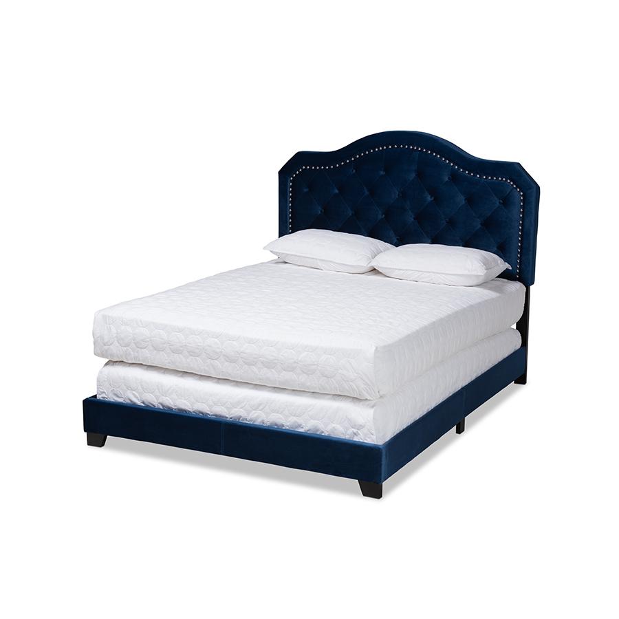Image of Baxton Studio Samantha Modern And Contemporary Navy Blue Velvet Fabric Upholstered Queen Size Button Tufted Bed