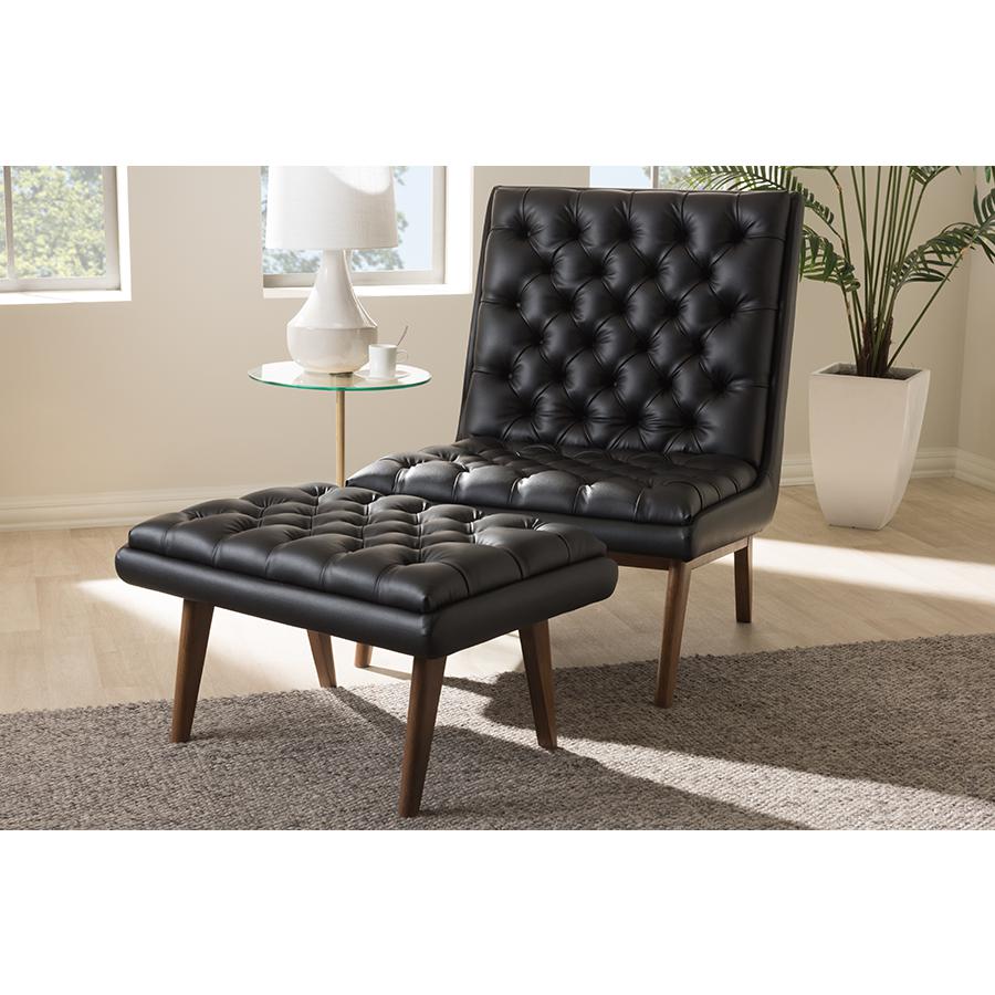 Image of Baxton Studio Annetha Mid-Century Modern Black Faux Leather Upholstered Walnut Finished Wood Chair And Ottoman Set