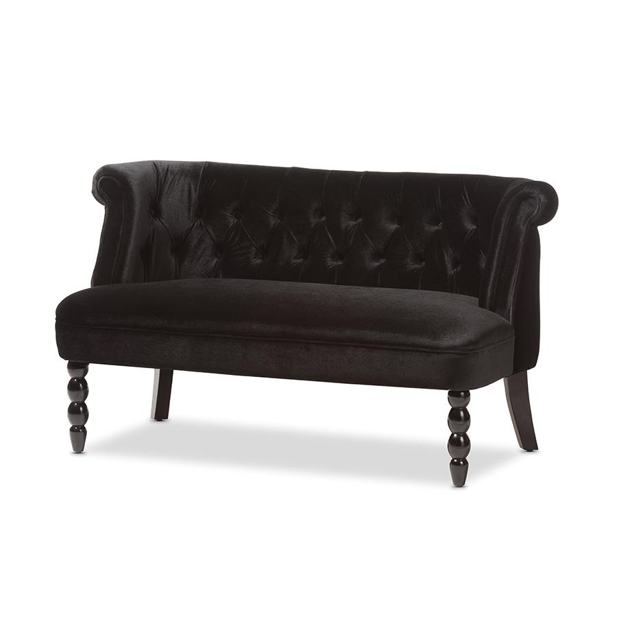 Image of Flax Victorian Style Contemporary Black Velvet Fabric Upholstered 2-Seater Loveseat