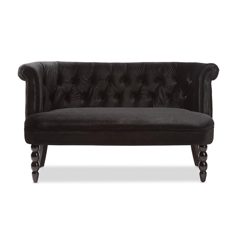 Flax Victorian Style Contemporary Black Velvet Fabric Upholstered 2-Seater Loveseat