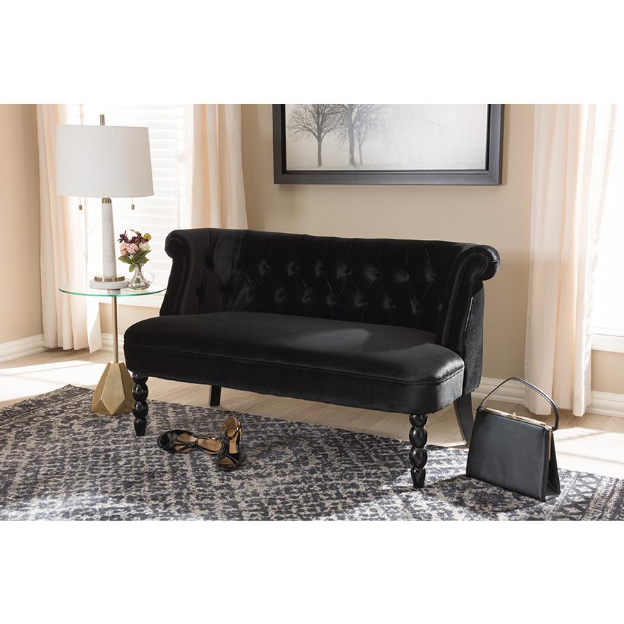 Flax Victorian Style Contemporary Black Velvet Fabric Upholstered 2-Seater Loveseat