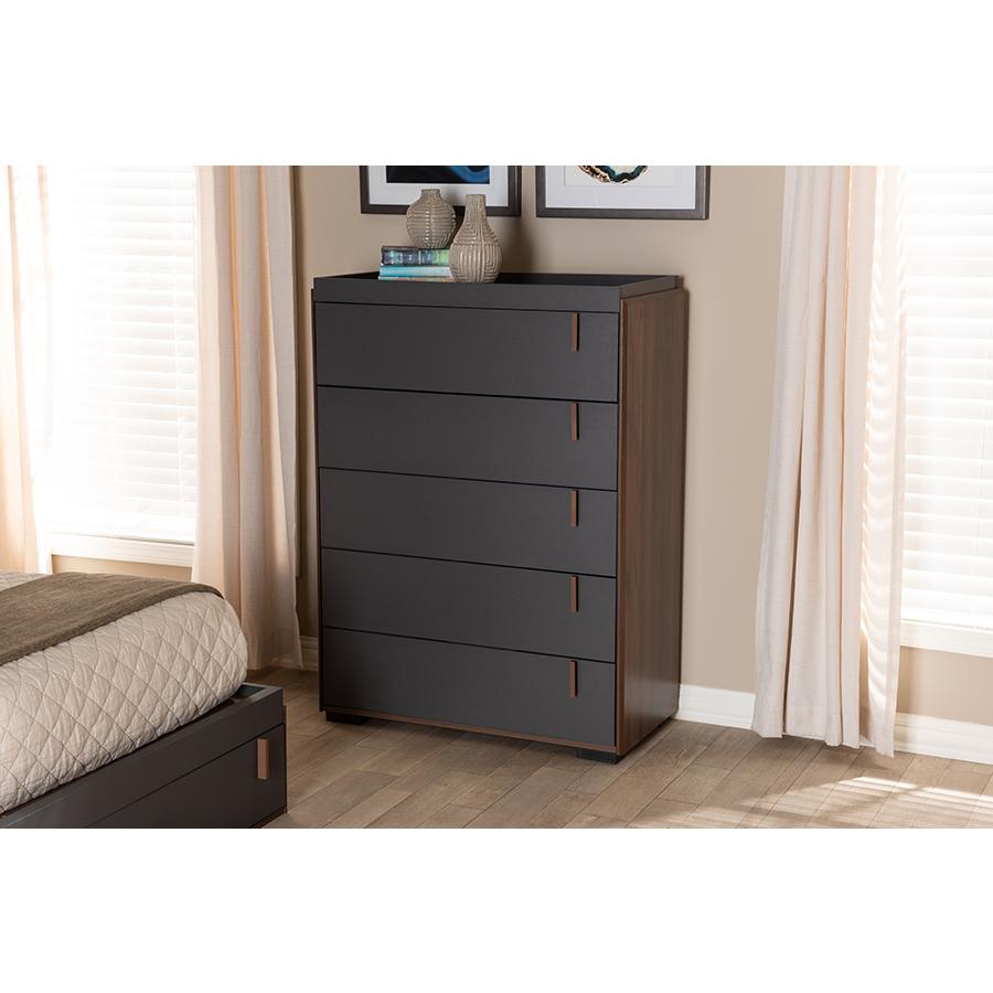 Image of Baxton Studio Rikke Modern And Contemporary Two-Tone Gray And Walnut Finished Wood 5-Drawer Chest
