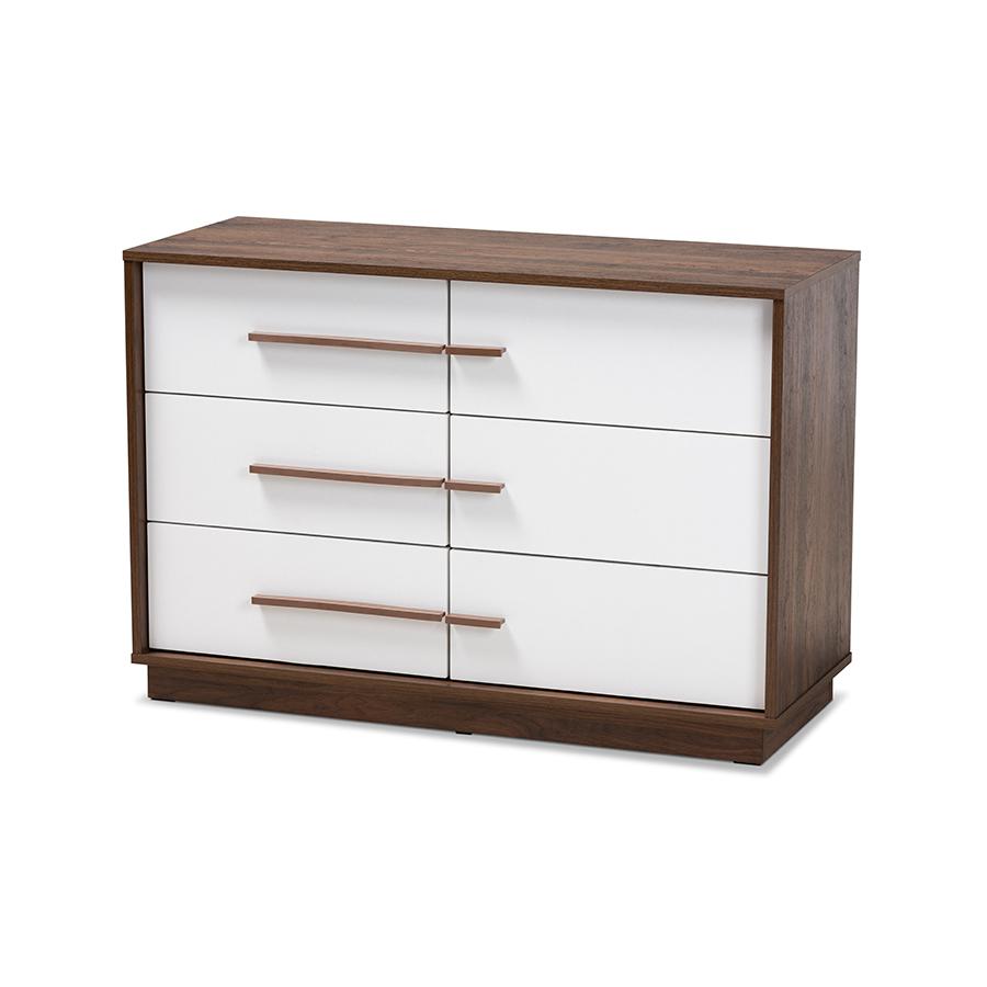 Image of Baxton Studio Mette Mid-Century Modern Two-Tone White And Walnut Finished 6-Drawer Wood Dresser