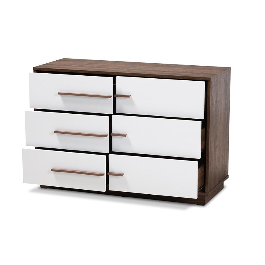 Baxton Studio Mette Mid-Century Modern Two-Tone White And Walnut Finished 6-Drawer Wood Dresser