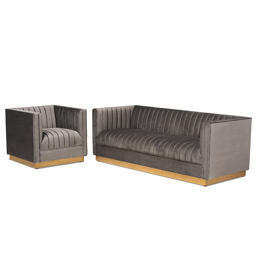 Image of Baxton Studio Aveline Glam And Luxe Grey Velvet Fabric Upholstered Brushed Gold Finished 2-Piece Living Room Set