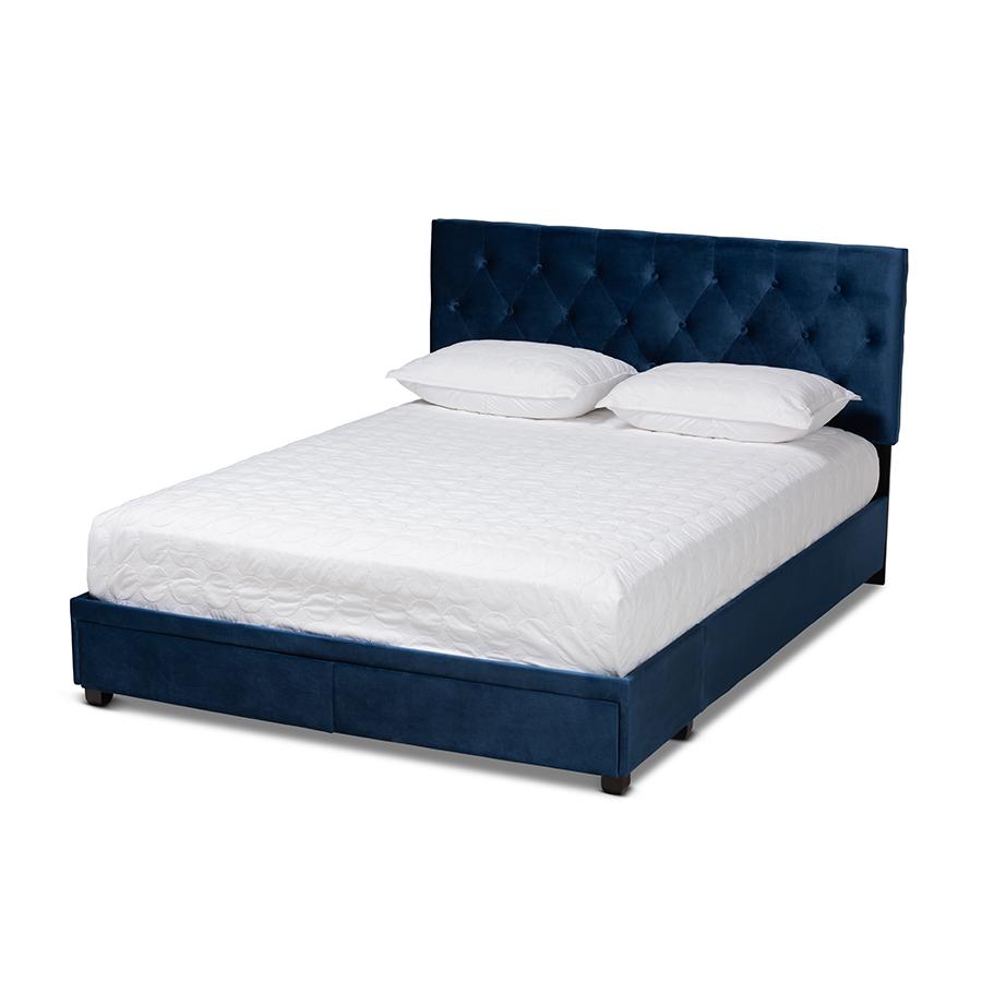 Image of Baxton Studio Caronia Modern And Contemporary Navy Blue Velvet Fabric Upholstered 2-Drawer Queen Size Platform Storage Bed