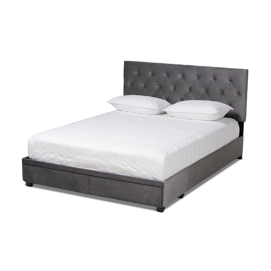 Image of Baxton Studio Caronia Modern And Contemporary Grey Velvet Fabric Upholstered 2-Drawer Queen Size Platform Storage Bed