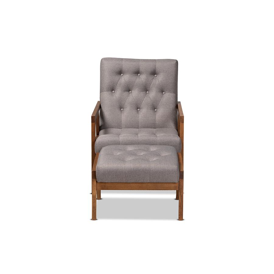 Baxton Studio Naeva Mid-Century Modern Grey Fabric Upholstered Walnut Finished Wood 2-Piece Armchair And Footstool Set