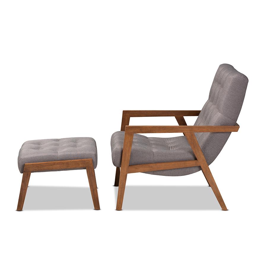 Baxton Studio Naeva Mid-Century Modern Grey Fabric Upholstered Walnut Finished Wood 2-Piece Armchair And Footstool Set