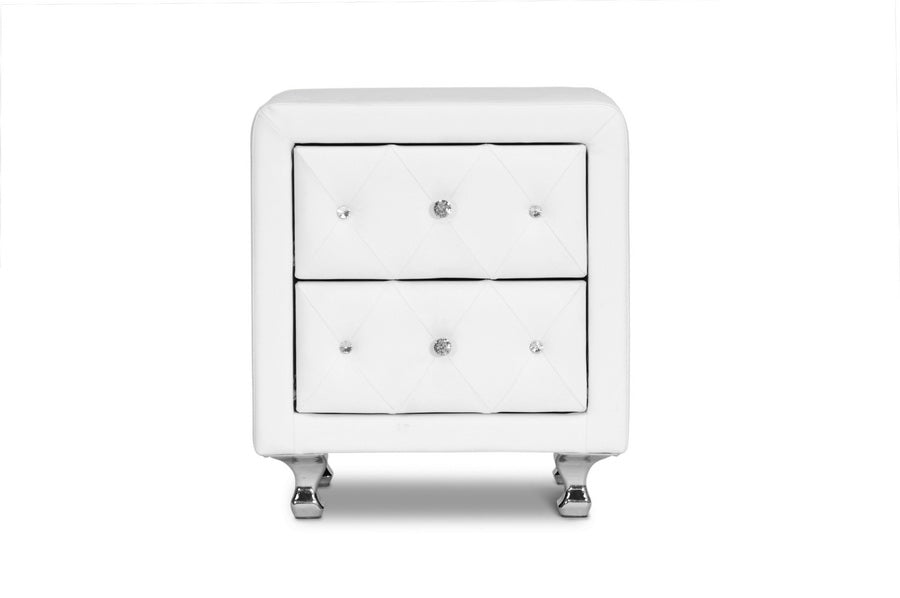 Stella Crystal Tufted White Upholstered Nightstand