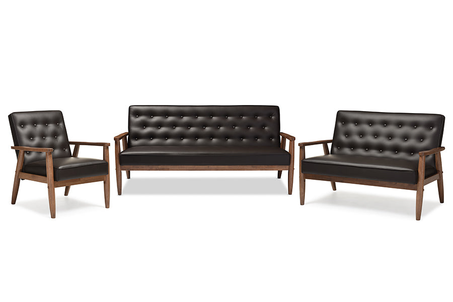 Image of Sorrento Mid-Century Retro Modern Brown Faux Leather Upholstered Wooden 3 Piece Living Room Set Dark Brown