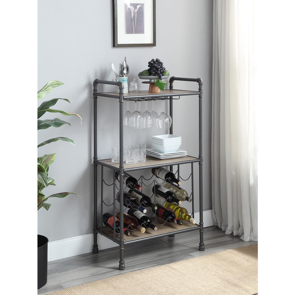 This is the image of ACME Brantley Floor Wine Bottle and Glass Rack - Antique Oak and Sandy Gray Finish