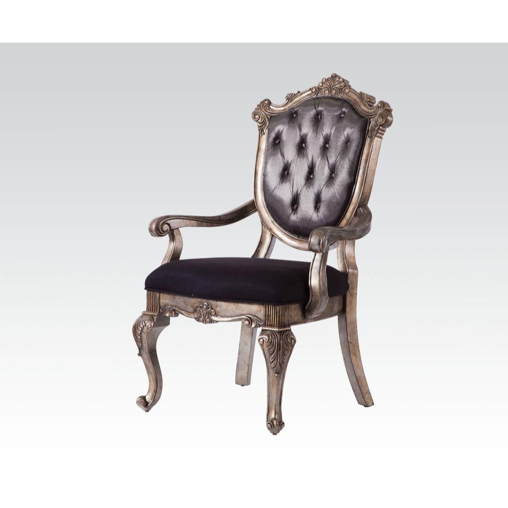 Image of Acme Chantelle Arm Chair, Silver Gray Silk-Like Fabric & Antique Platinum