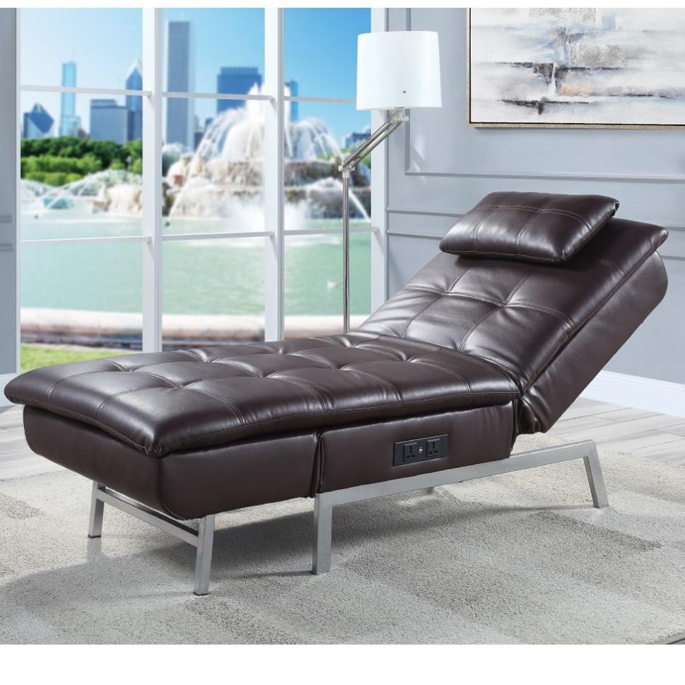 Image of Acme Padilla Chaise Lounge W/Pillow & Usb Port, Brown Fabric