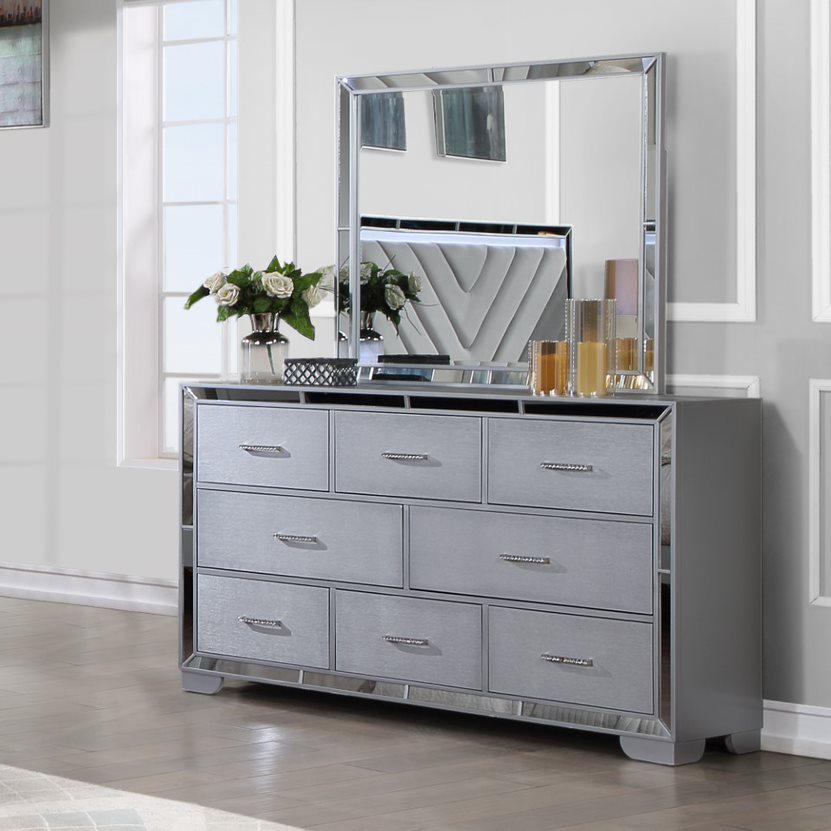 Mirrored Trim Dresser & Mirror, Silver