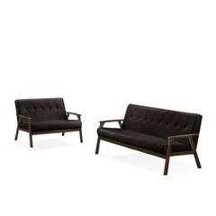 Image of Iven Mid Century Wood Arm Sofa & Love Seat Set, Dark Brown
