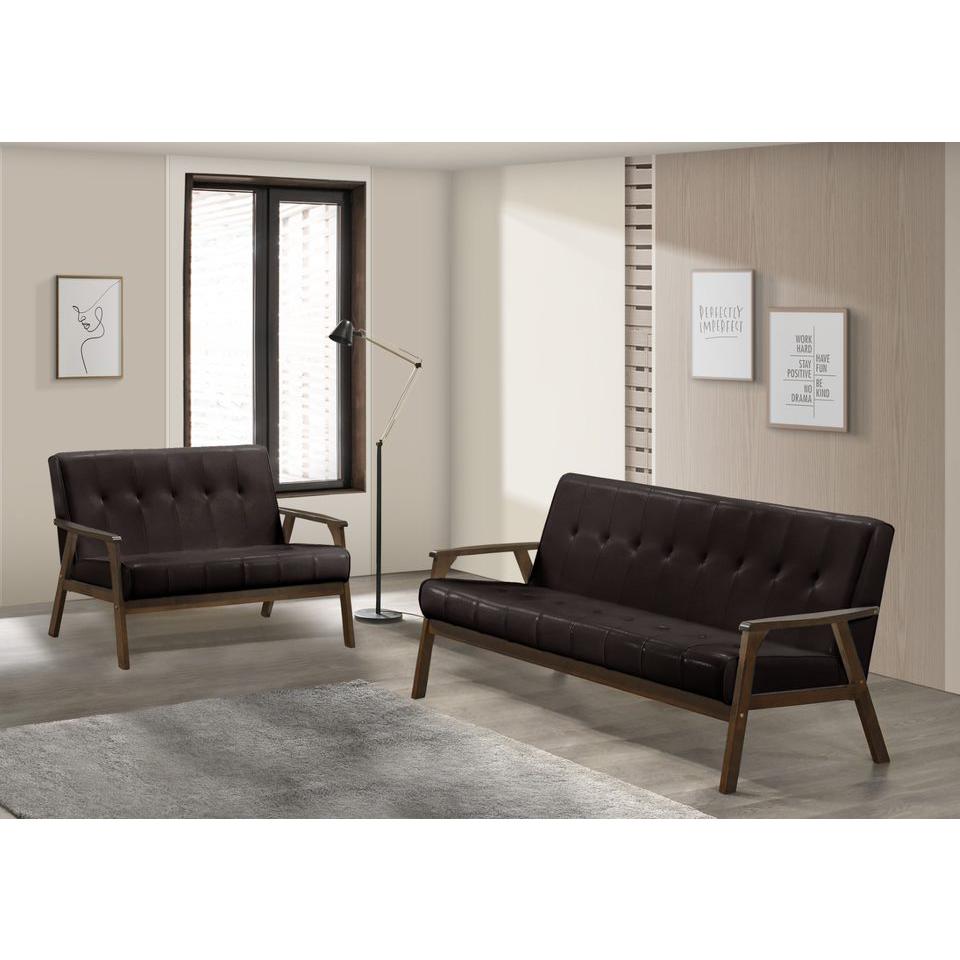 Iven Mid Century Wood Arm Sofa & Love Seat Set, Dark Brown