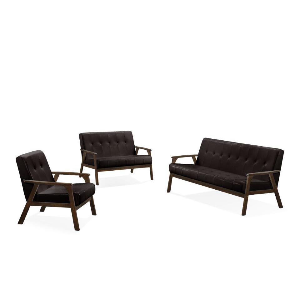 Image of Iven Mid Century Wood Arm Chair, Sofa & Love Seat Set, Dark Brown