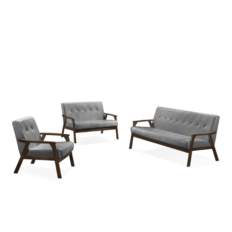 Iven-Mid-Century-Wood-Arm-Chair,-Sofa- & -Love-Seat-Set-in-Grey