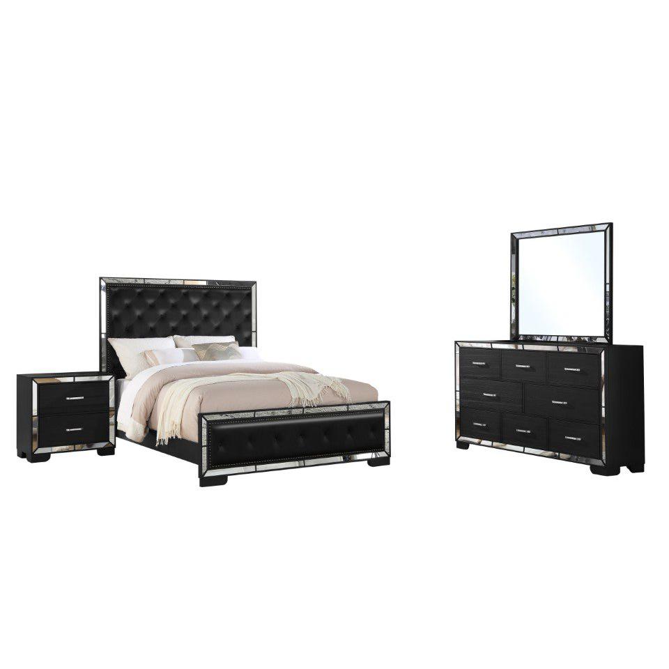Image of Anzell 4Pc Queen Bedroom Set With Mirror Trim, Black