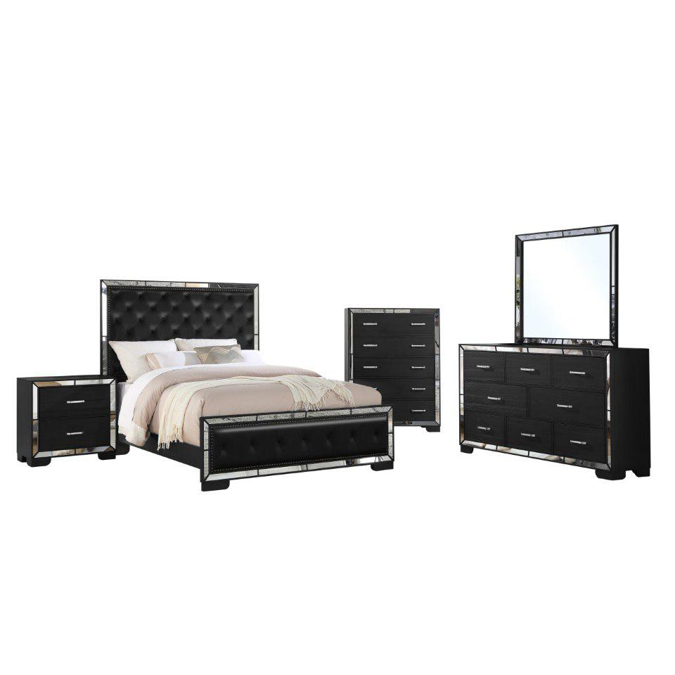 Image of Anzell 5Pc Queen Bedroom Set With Mirror Trim, Black