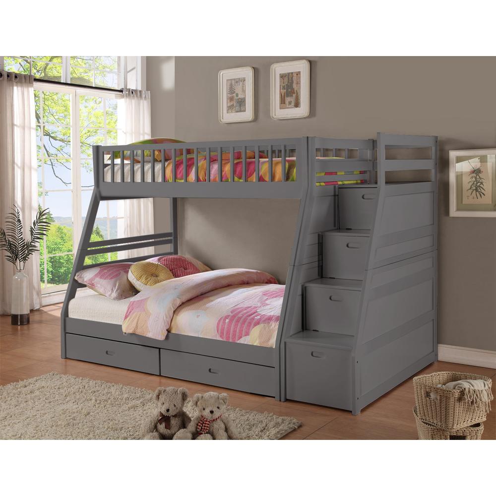This is the image of Sofia Twin Over Full Bunk Bed with 2 Drawers and Staircase Storage - Rustic Grey