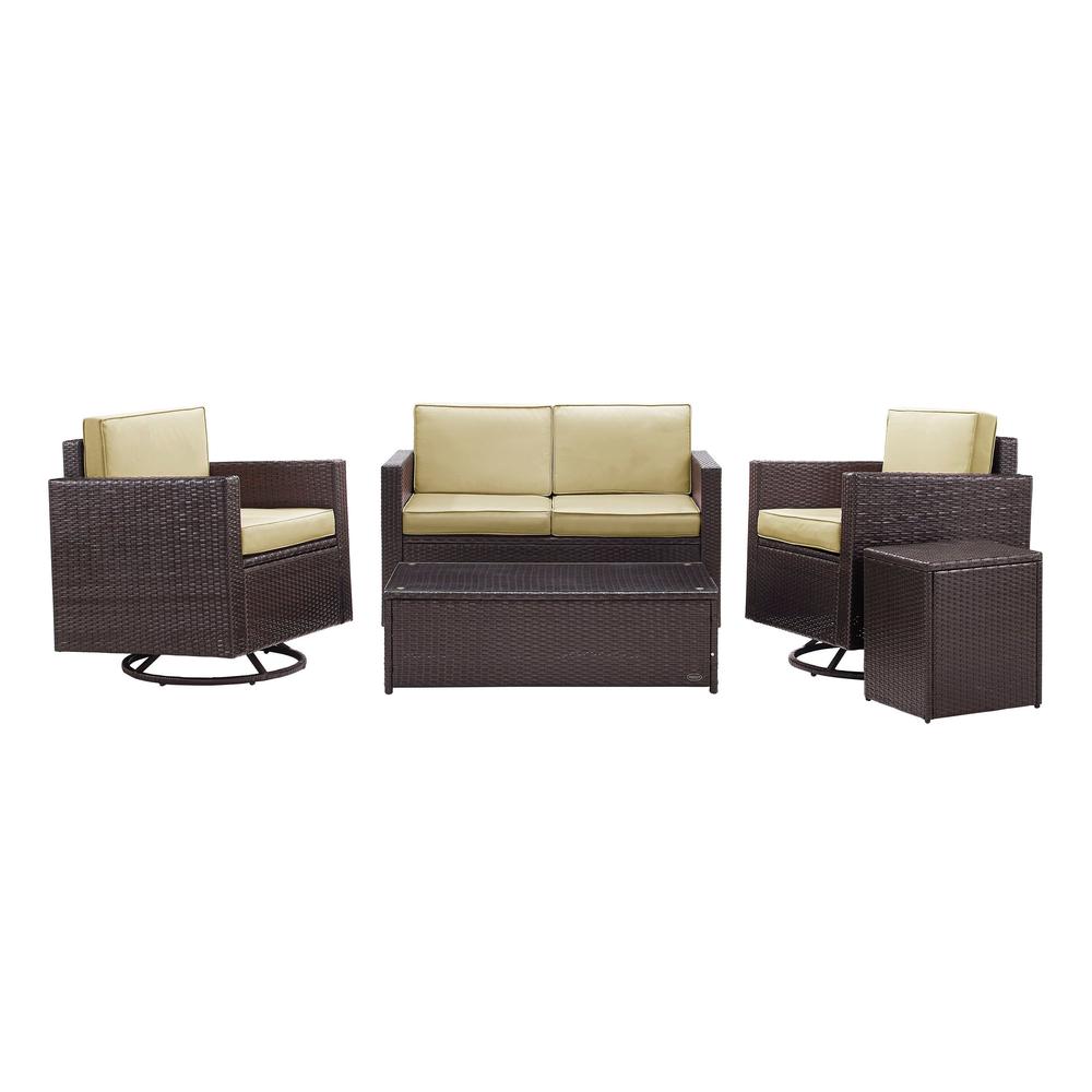 Palm Harbor 5Pc Outdoor Wicker Conversation Set Sand/Brown - Loveseat, Side Table, Coffee Table, & 2 Swivel Chairs